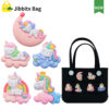 five cartoon rainbow horse bogg bag charms on bags