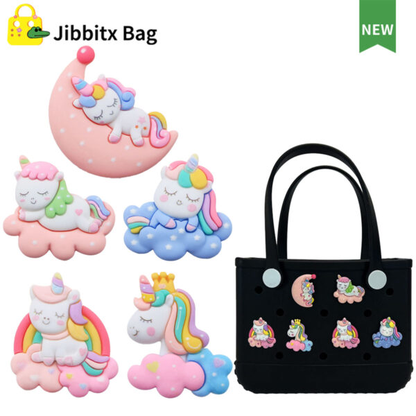five cartoon rainbow horse bogg bag charms on bags
